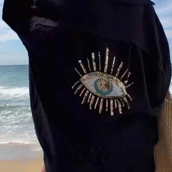 NWT Shein Black Sequin Eye Pattern Long Sleeve Loose Midi Shirt Dress Size XS - Picture 2 of 4